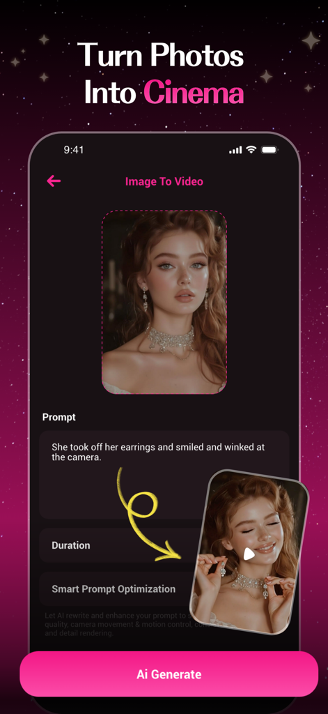 StyleMe: AI Photo & Video - A screen from the StyleMe app showing how to turn a static portrait into a video using an AI text prompt