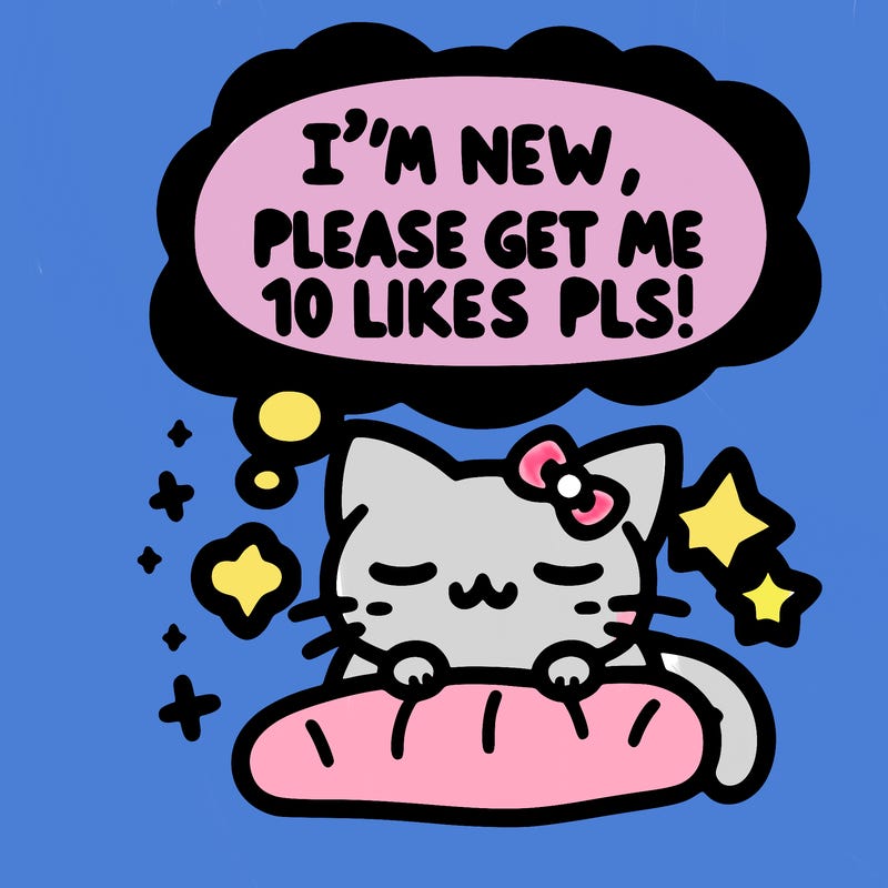 kitty taking a nap dream talking and saying "i'm new, please get me at least 10 likes pls!!"