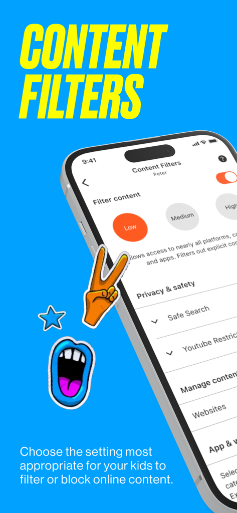 Une capture d'écran de l'application Boost Family Guard montrant les paramètres de filtres de contenu avec des options de restriction faible, moyenne et élevée pour un profil d'enfant.
