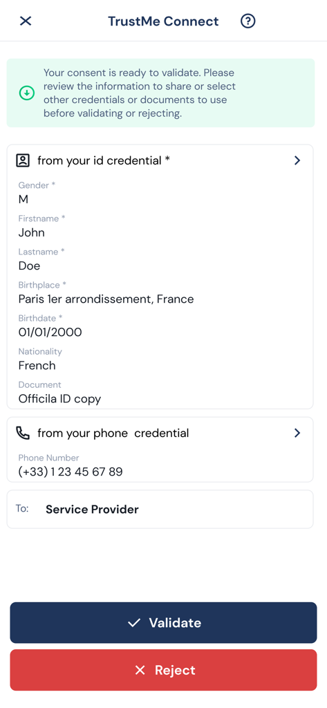 TrustMe: Your Digital Identity - TrustMe app interface showing a request to validate sharing digital identity and phone credentials with a service provider
