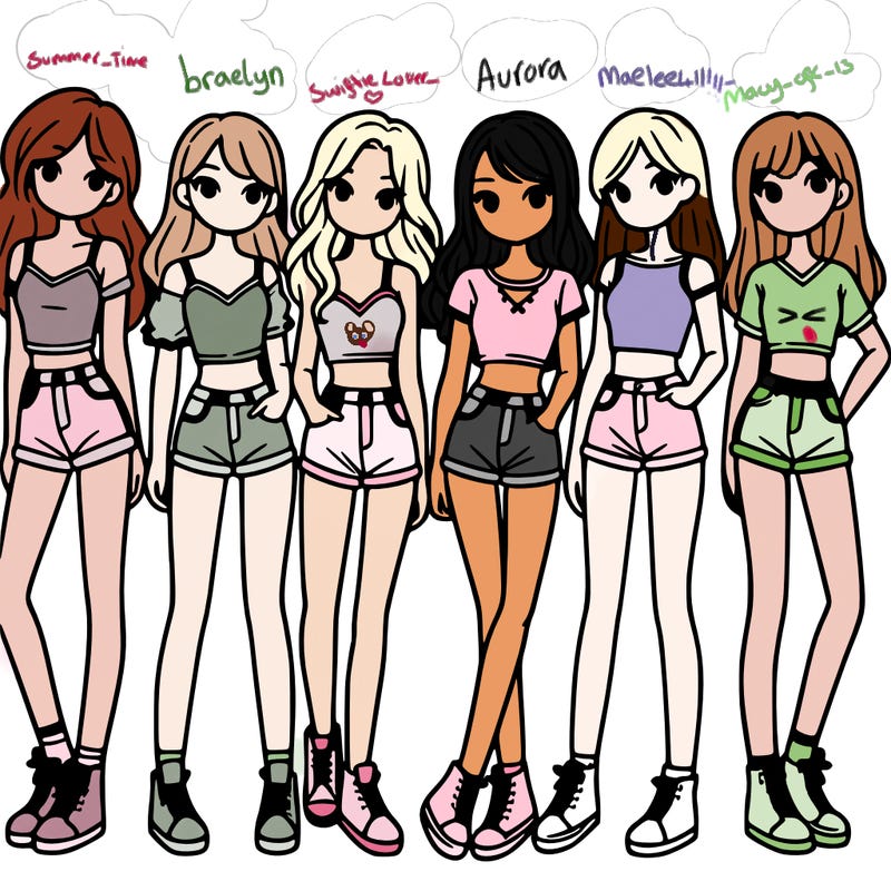 a group of girls wearing crop tops and shorts
