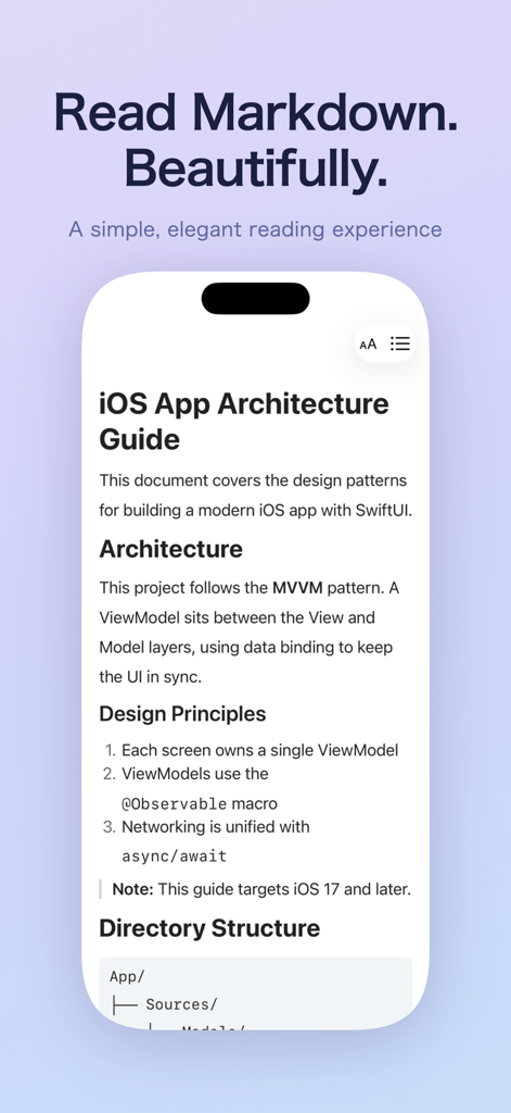 Markdown Reader - View Only - Markdown Reader app showing a technical documentation guide on an iPhone screen