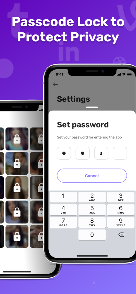 Parallel Space - Dual Account - iPhone-Bildschirm, der die Funktion zur Passcode-Sperre zum Schutz der Privatsphäre in der Parallel Space App anzeigt