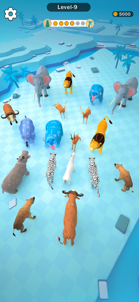 Merge Animal - Dinosaur Fight - Gameplay of Merge Animal Dinosaur Fight showing different animals on a grid at level 9