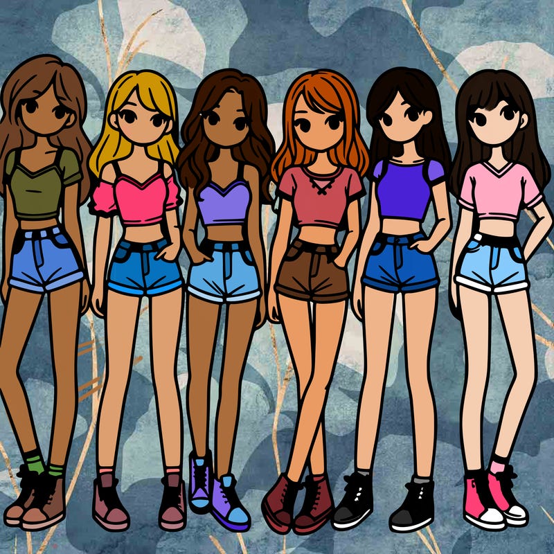 a group of girls wearing crop tops and shorts