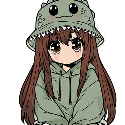girl with anime shaped eyes with a dinosaur bucket hat oversized sweatshirt long straight hair