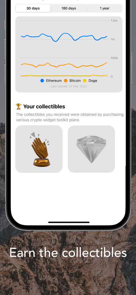 Crypto Widget Toolkit - Interface showing cryptocurrency activity graphs for Ethereum Bitcoin and Doge with earnable collectibles like a diamond and bronze trophy hands