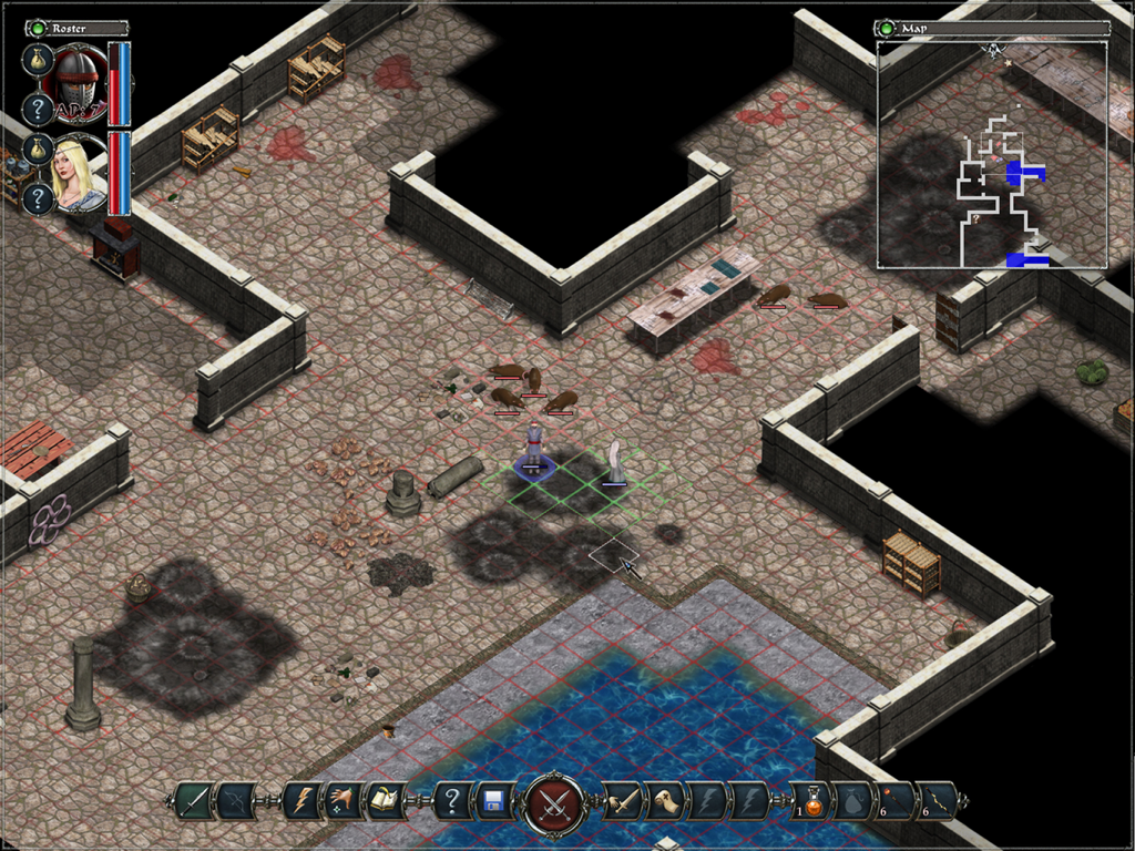 Tactical isometric combat in Avadon The Black Fortress HD showing a party exploring a stone dungeon