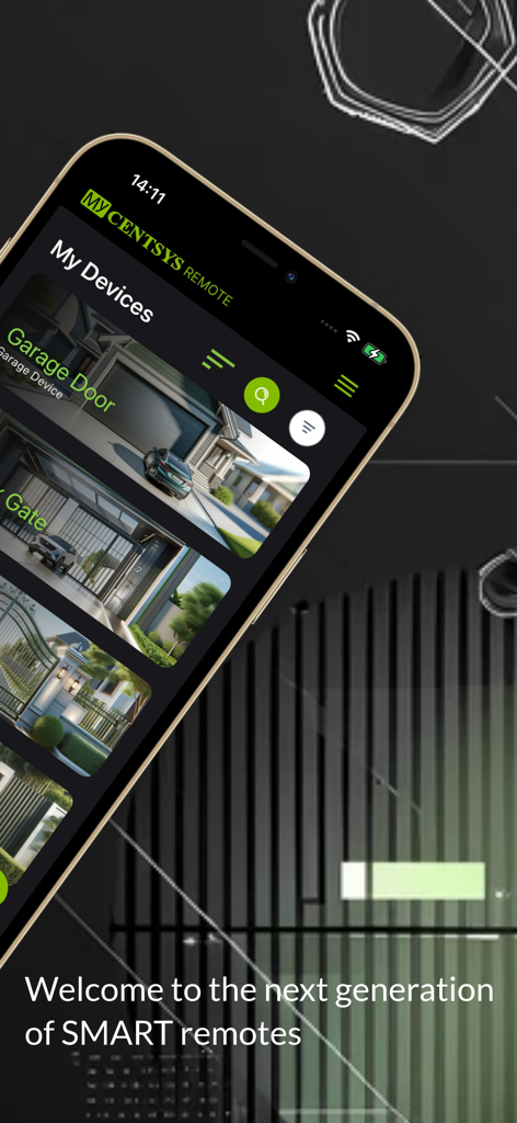 MyCentsys Remote - Smartphone displaying the MyCentsys Remote app with controls for automated gates and garage doors