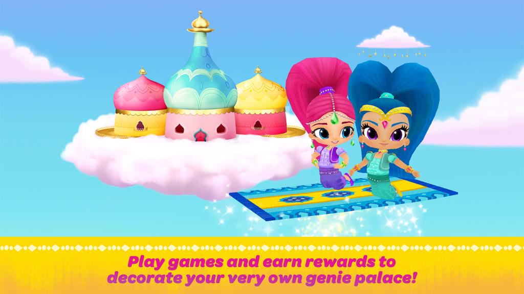 Shimmer and Shine: Genie Games - Shimmer and Shine characters flying on a magic carpet in front of a colorful floating genie palace