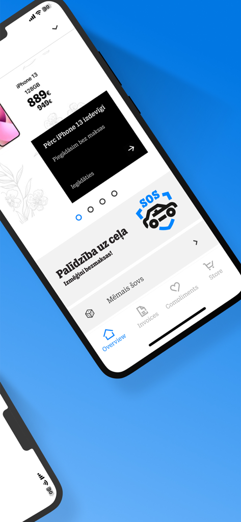 Mans Tele2 mobile app interface showing promotional offers and navigation menu on an iPhone.