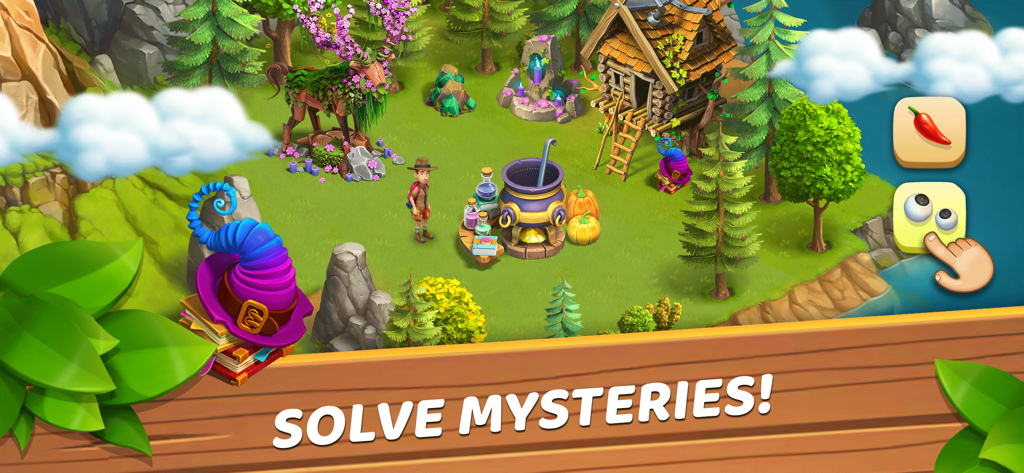Funky Bay – Farm & Adventure - Una scena magica nella foresta di Funky Bay con un cappello da mago, un calderone e la scritta "Risolvi misteri"