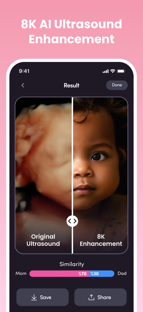 NubX: Gender Reveal& Baby Scan - A side by side comparison of an original ultrasound and an 8K AI enhancement showing a realistic baby face with a parental similarity score.