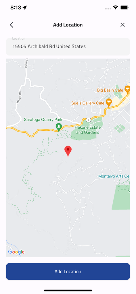 Tela do aplicativo E-Butler mostrando um mapa com um pino para adicionar um local de serviço