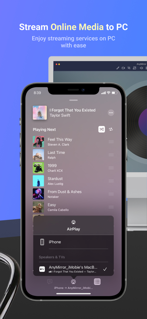 iPhone transmitiendo una aplicación de reproductor de música a la pantalla de un ordenador usando AnyMirror