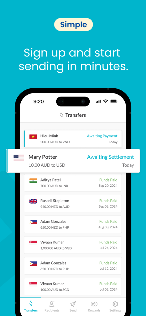 OrbitRemit mobile app interface displaying a list of international money transfers with recipient names and transaction statuses