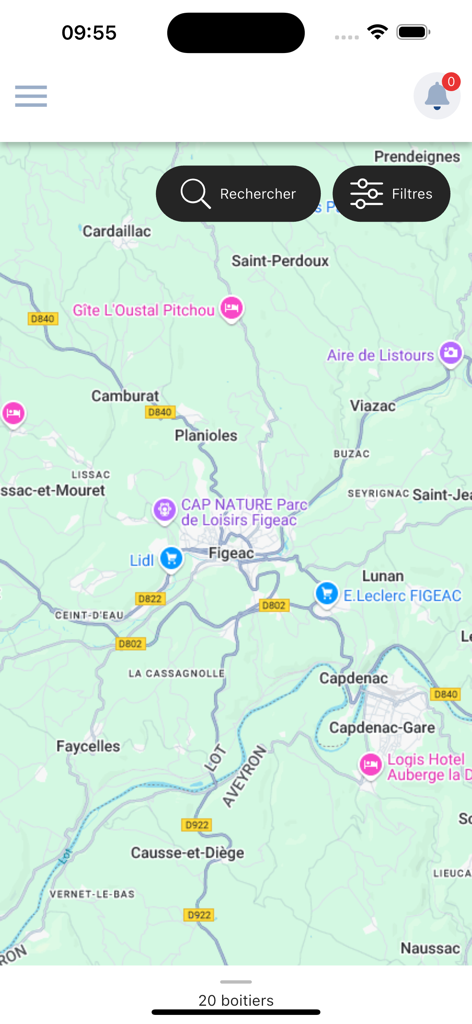 Interface cartographique de l'application de gestion de flotte Exdat montrant les emplacements des véhicules en temps réel