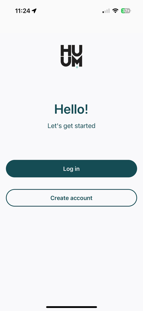 HUUM - Pantalla de bienvenida de la aplicación de sauna HUUM con botones de inicio de sesión y creación de cuenta