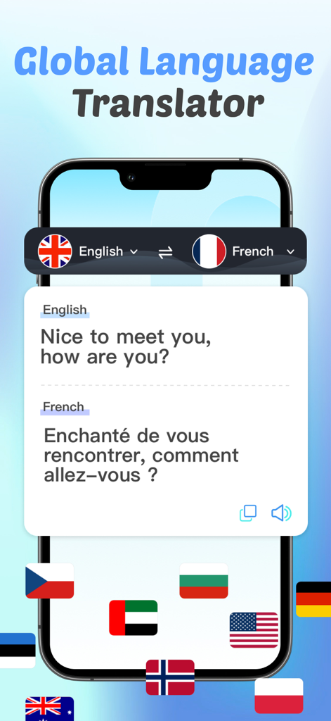 AI Translate Hubを使用して英語からフランス語への翻訳を表示するスマートフォンの画面。