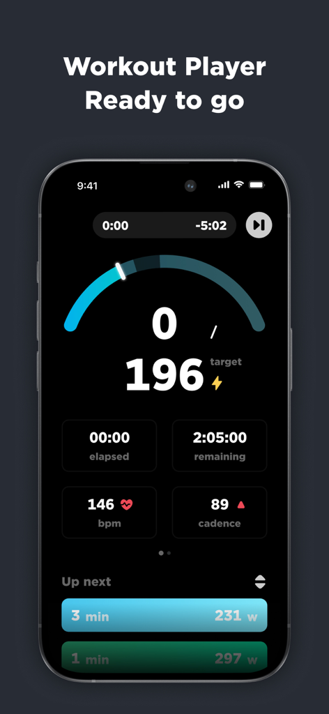JOIN Cycling Coach App Workout Player screen showing real-time power heart rate and cadence metrics