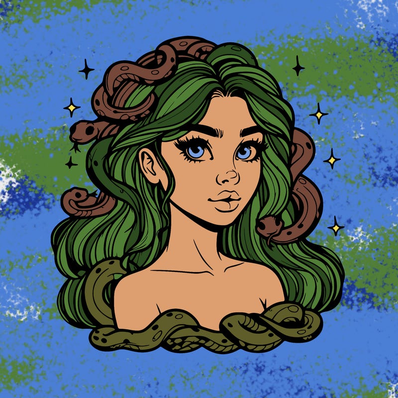 realistic girl with snakes as hair