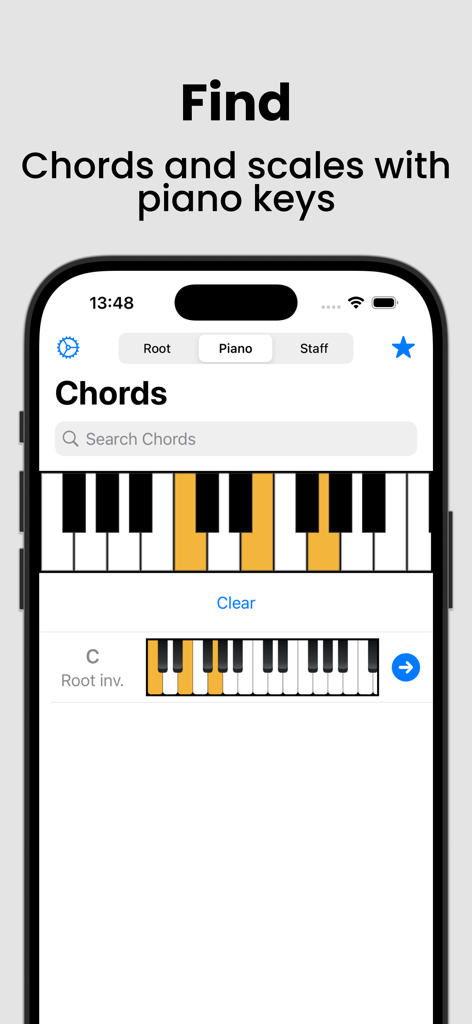 Oberfläche der Piano Chords and Scales App, die die Funktion zum Finden von Akkorden mit einer interaktiven virtuellen Klaviertastatur anzeigt.