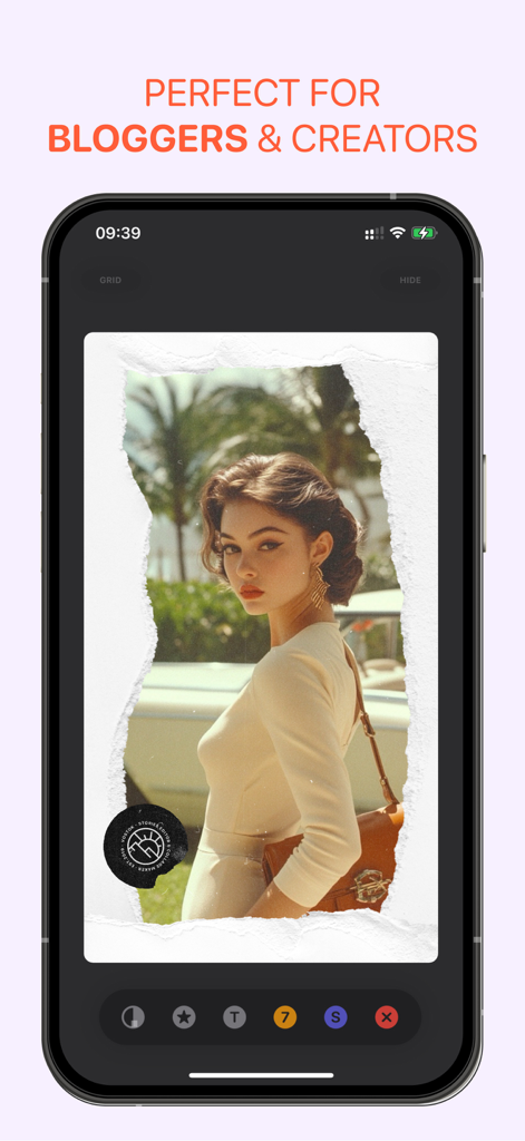 Vostok — Story Maker - Vostok app interface showing a vintage torn paper story template for bloggers and creators.