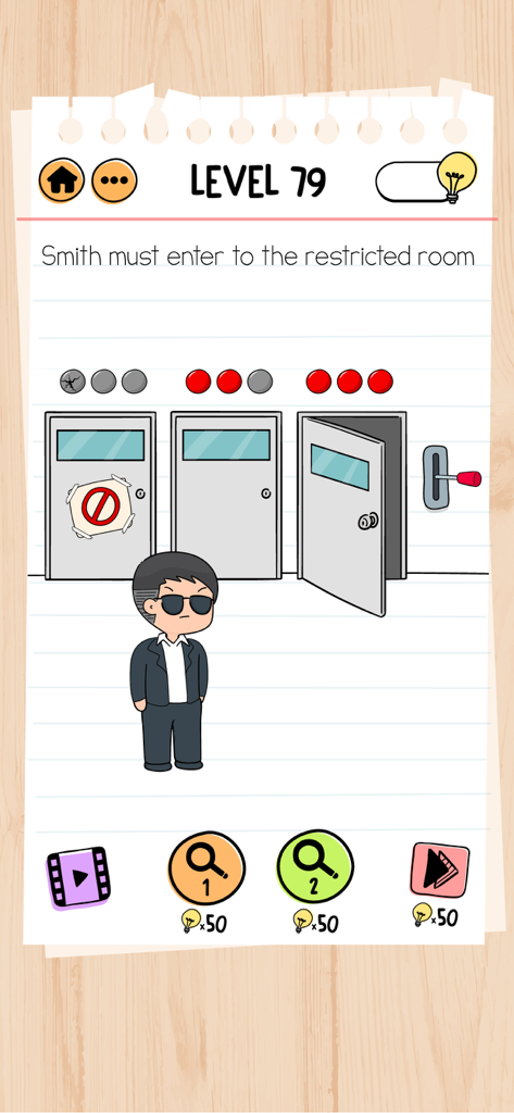 Brain Test 2: Tricky Stories - Nível 79 do Brain Test 2 mostrando o Agente Smith em frente a três portas com um quebra-cabeça para entrar em uma sala restrita.