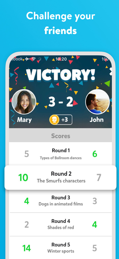 A victory screen in the Fight List game showing a player winning against a friend with scores for different trivia categories.
