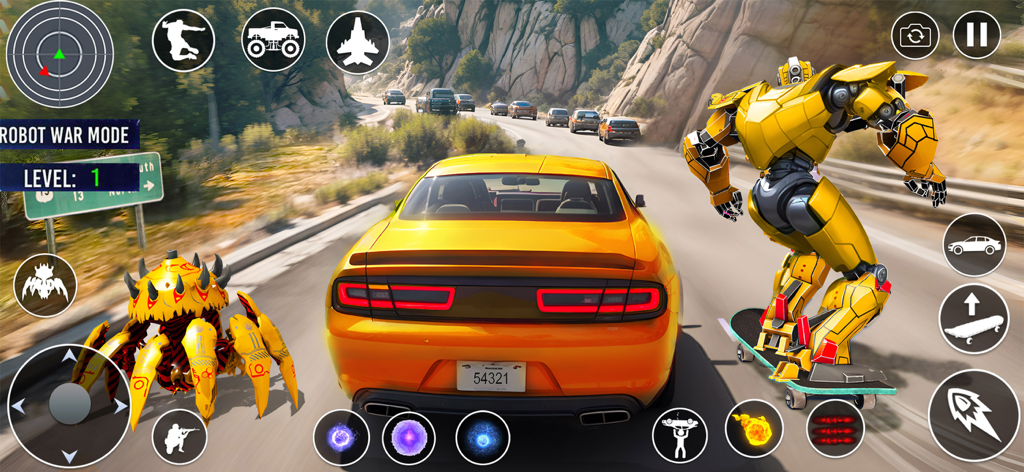 Gameplay screenshot of Octopus Robot Car Game 3D showing a yellow car and robots battling on a highway