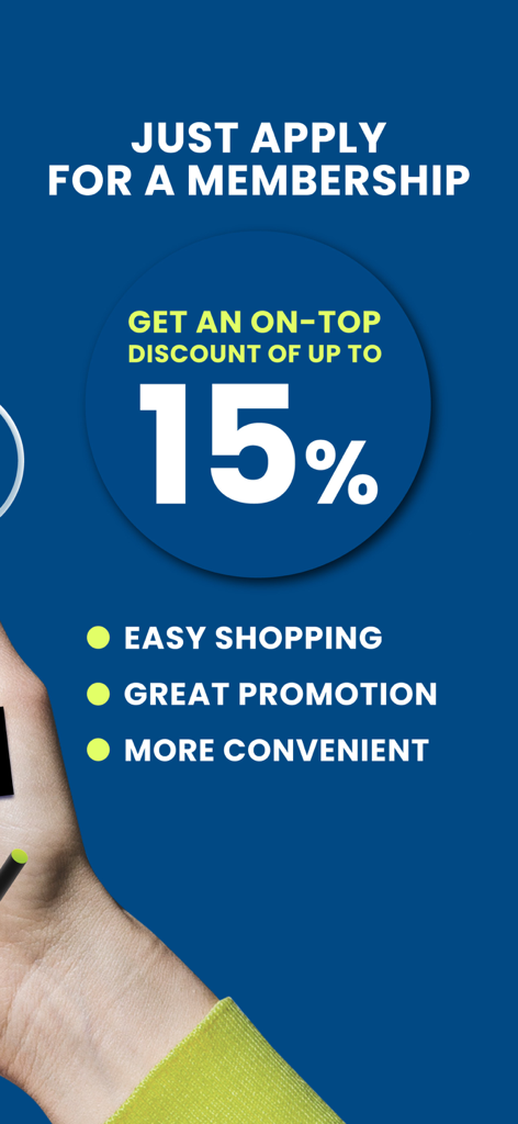 Promotional screen for MinorPlus app offering a 15 percent membership discount for shoppers