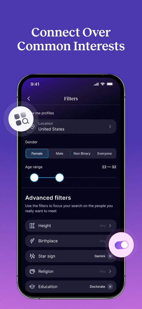 Vinita - South Asian Dating - Vinita dating app filters screen showing search preferences for age gender and cultural attributes