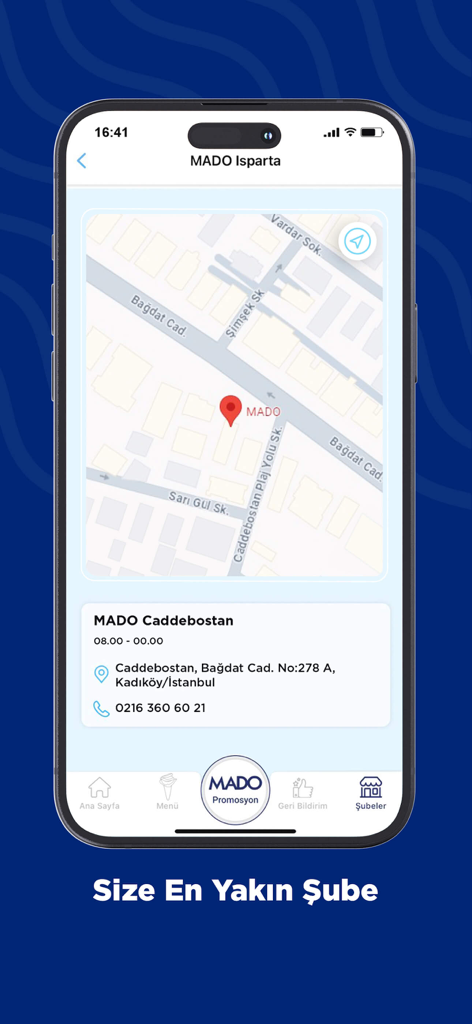 MADO Global - MADO Globalアプリのインターフェース。店舗の住所と連絡先情報が表示された支店ロケーターマップを示しています。