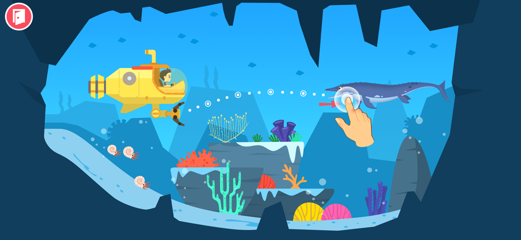 Dinosaur Games for kids 2-6 - Un sous-marin jaune et un mosasaure dans une scène éducative sous-marine pour enfants