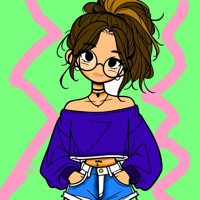 girl with a messy ponytail glasses a baggy crop top and jean shorts