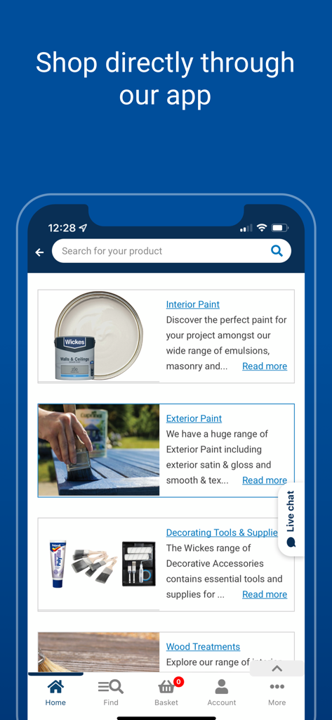 Wickes - DIY - Mobile app interface for Wickes showing home improvement product categories like paint and decorating tools