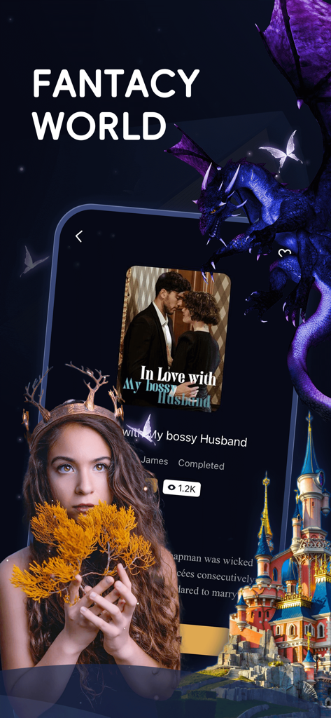 Novelsago - Novelsago app promotional screen for fantasy and romance stories featuring a purple dragon a castle and a book cover titled In Love with My Bossy Husband