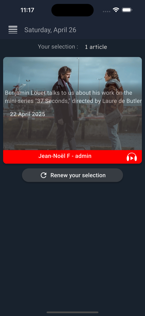 AFCNews app interface showing a selected cinematography article about the series 37 Seconds with an audio playback option