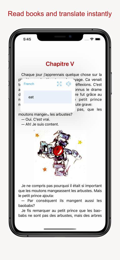 Schermata dell'iPhone che mostra un e-book francese con la funzionalità di traduzione istantanea delle parole