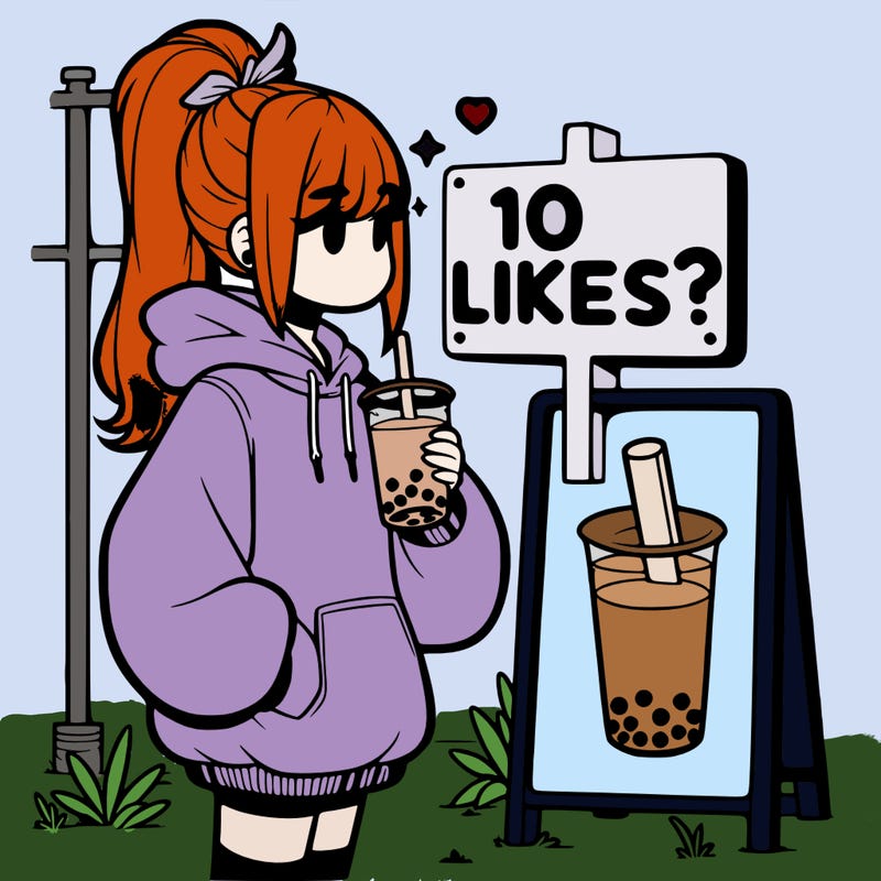 girl with oversized hoodie drinking boba and she has a high ponytail with a sign that says 10likes?