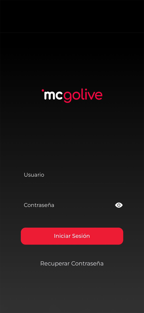 Pantalla de inicio de sesión de MC GO LIVE con campos para nombre de usuario y contraseña