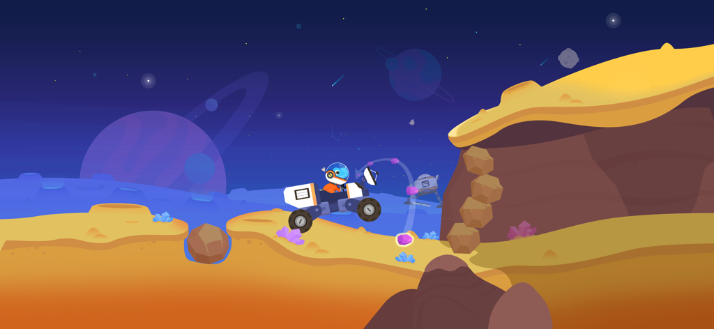 Dinosaur Rocket Games for kids - A dinosaur astronaut driving a planetary exploration vehicle on a colorful alien moon with craters and crystals.