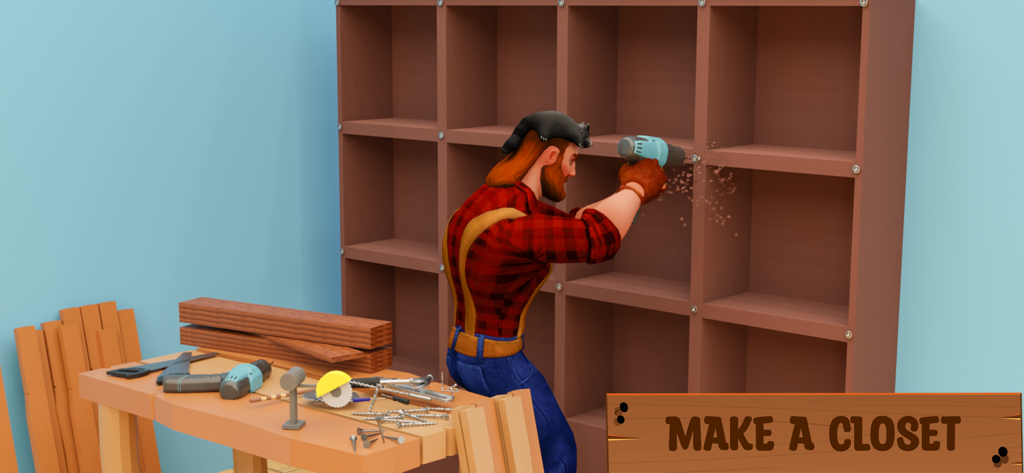 A 3D carpenter character using a power drill to assemble a large wooden shelving unit in a workshop environment.
