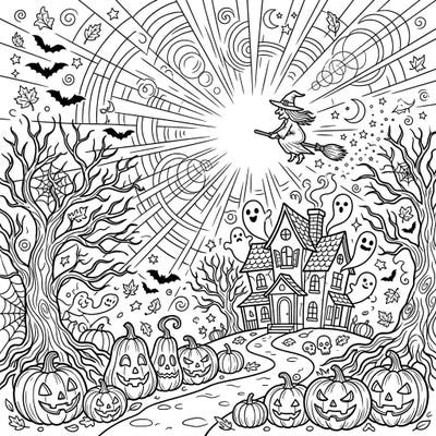 Unleash your creativity with this vibrant Halloween coloring page featuring a whimsical witch and a haunted house scene. Experience the magic as ghosts float and jack-o'-lanterns glow under a dramatic sun glare effect.