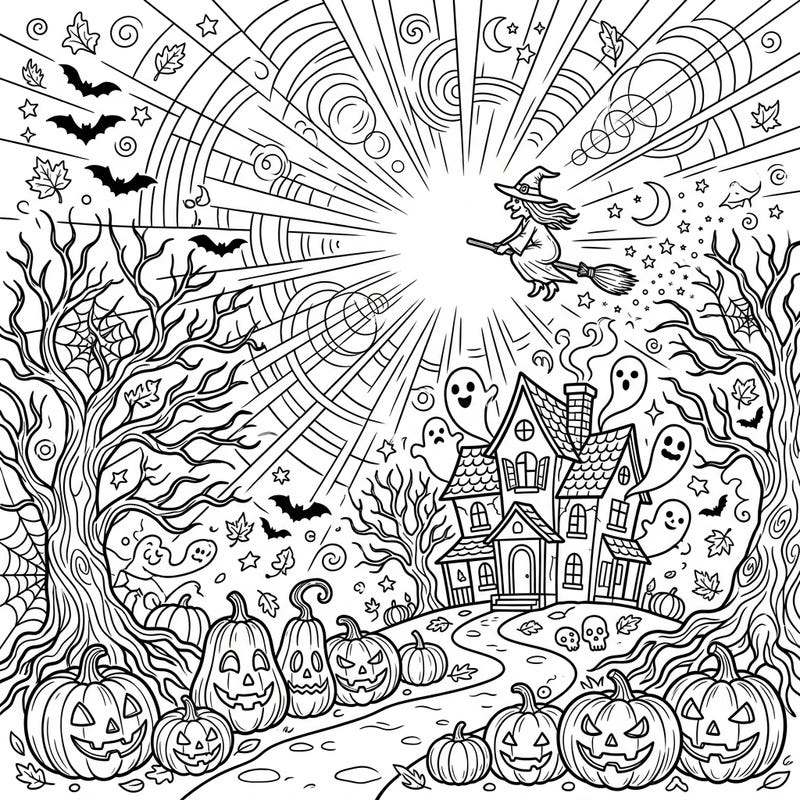 Unleash your creativity with this vibrant Halloween coloring page featuring a whimsical witch and a haunted house scene. Experience the magic as ghosts float and jack-o'-lanterns glow under a dramatic sun glare effect.