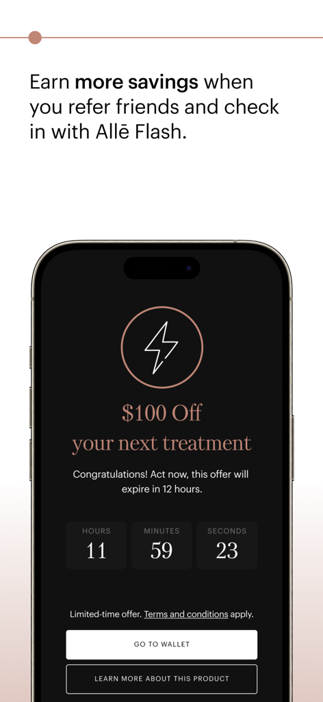 Allē - Smartphone screen showing a one hundred dollar discount for an aesthetic treatment on the Alle app with a countdown timer