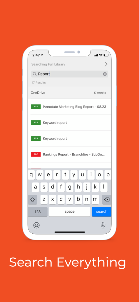 Screenshot of iAnnotate 4 showing the search everything feature to find documents in cloud storage
