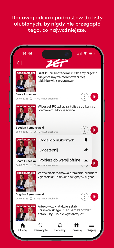 Podcast episode list in the Radio ZET app featuring options to favorite and download.