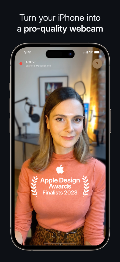 Camo Camera app interface turning an iPhone into a professional quality webcam with an Apple Design Award Finalist badge