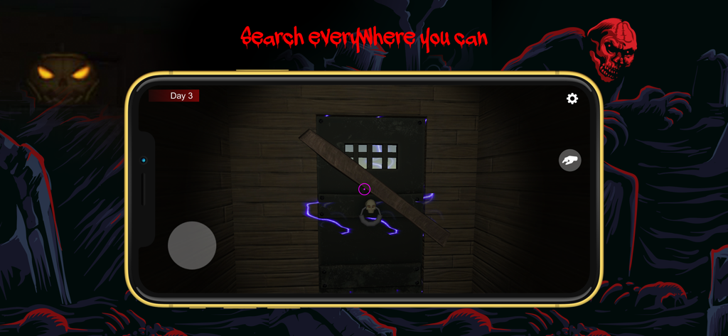 Granny Horror: Two Chapters #1 - Captura de tela da jogabilidade de Granny Horror mostrando uma porta trancada com raios roxos em uma sala escura.